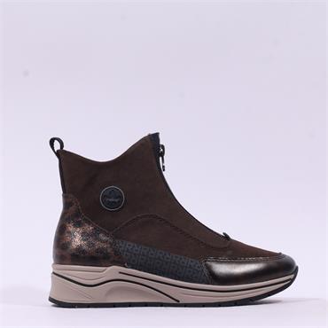 Rieker Front Zip Wedge Ankle Boot - Brown Leopard Combi